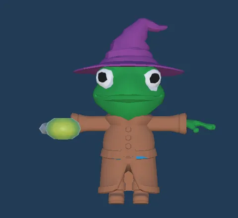Low-poly frog wizard in a purple pointy hat and brown robe holding a glowing green orb