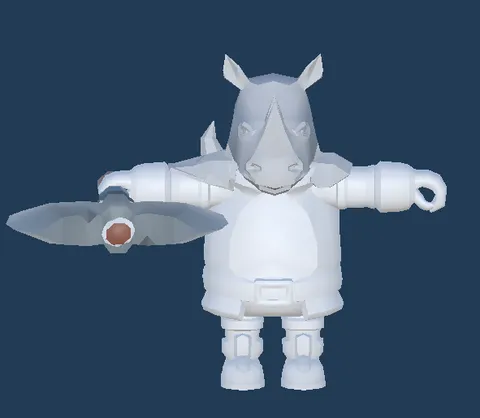 Low-poly rhino warrior in heavy plate armour holding a large double-bladed axe